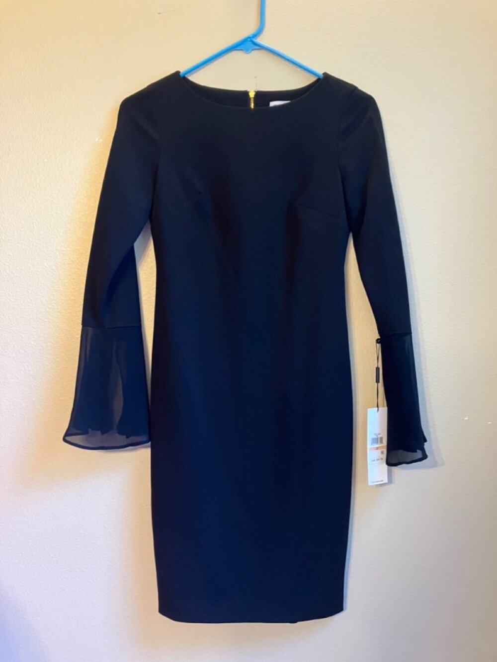 Calvin Klein Black Sheath Dress with Chiffon Bell Sleeves (NWT)
